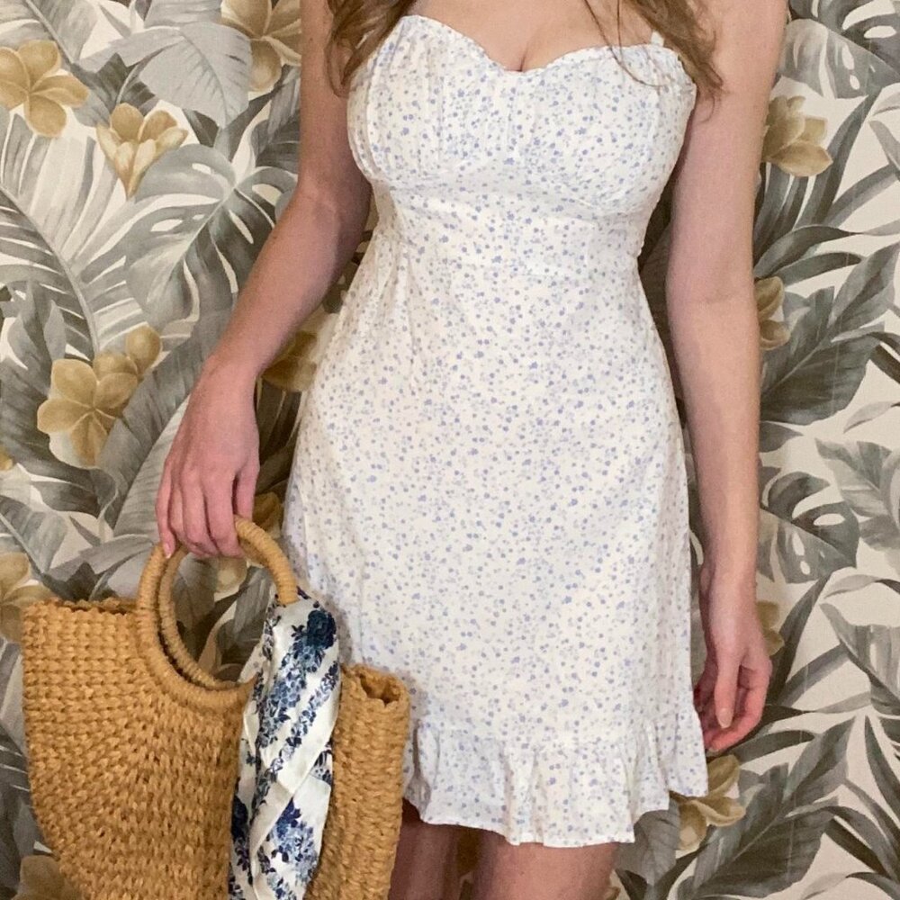 Blue and White Floral Mini Dress Summer Sun Dress